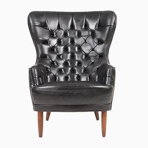 MId-Century Wingback Chair in Patinated Leather, Denmark, 1950s-FK-694939