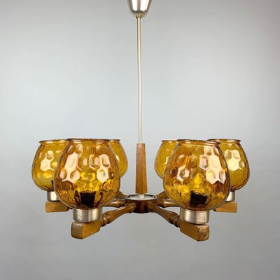 Mid-Century Wood and Glass Chandelier, 1970s-TZ-1017905