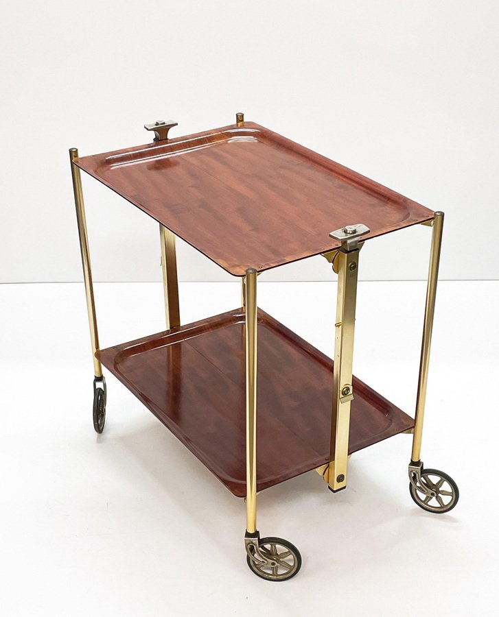 Mid-Century Wood and Golden Aluminium Foldable Bar Cart, 1950