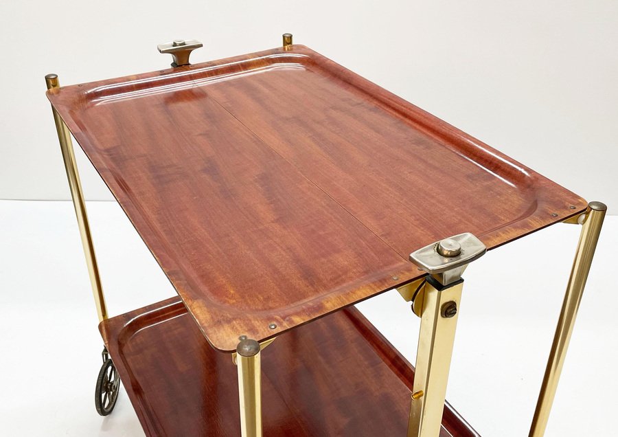 Mid-Century Wood and Golden Aluminium Foldable Bar Cart, 1950