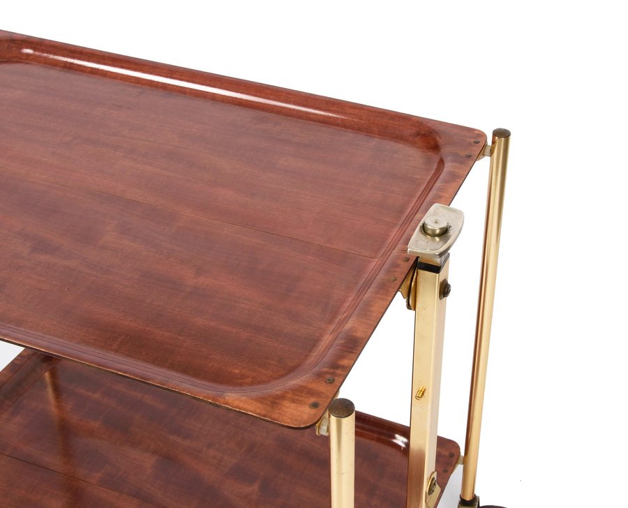 Mid-Century Wood and Golden Aluminium Foldable Bar Cart, 1950