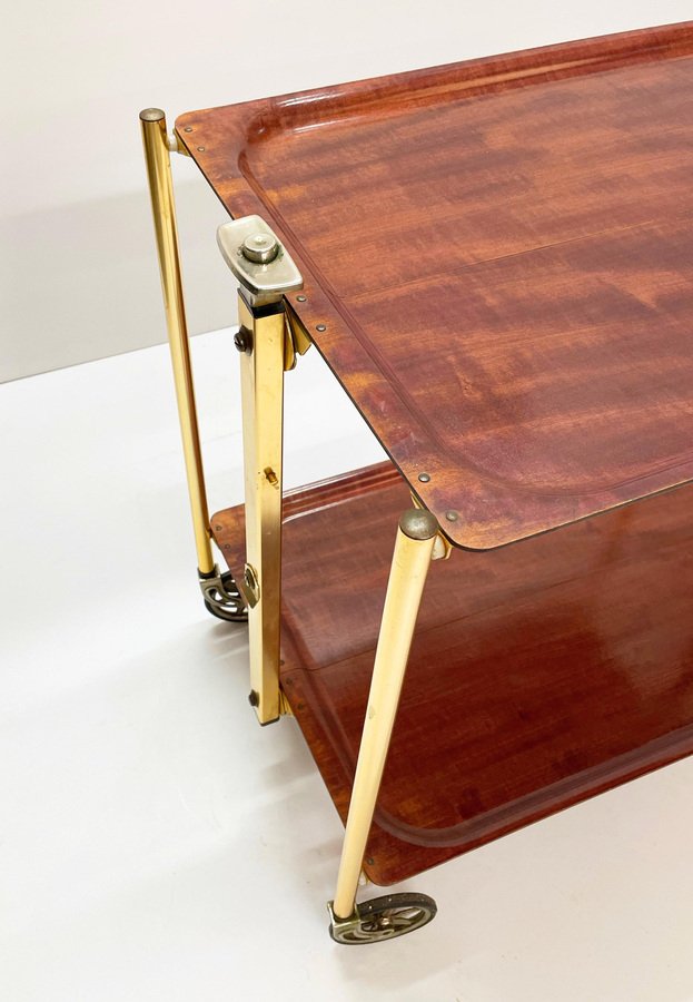 Mid-Century Wood and Golden Aluminium Foldable Bar Cart, 1950