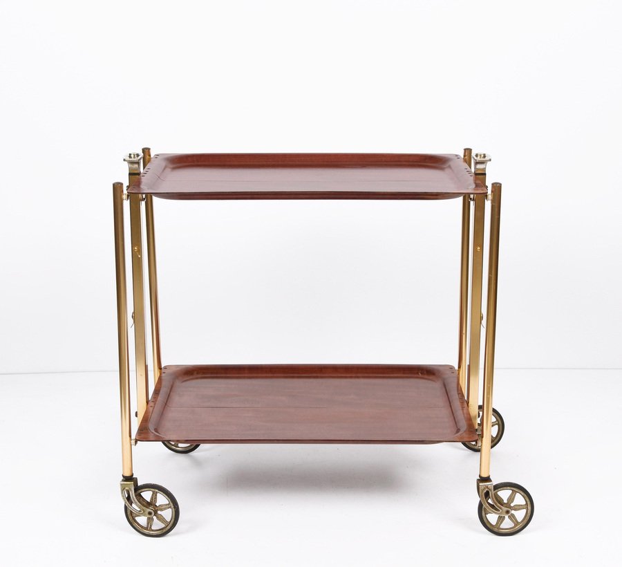 Mid-Century Wood and Golden Aluminium Foldable Bar Cart, 1950