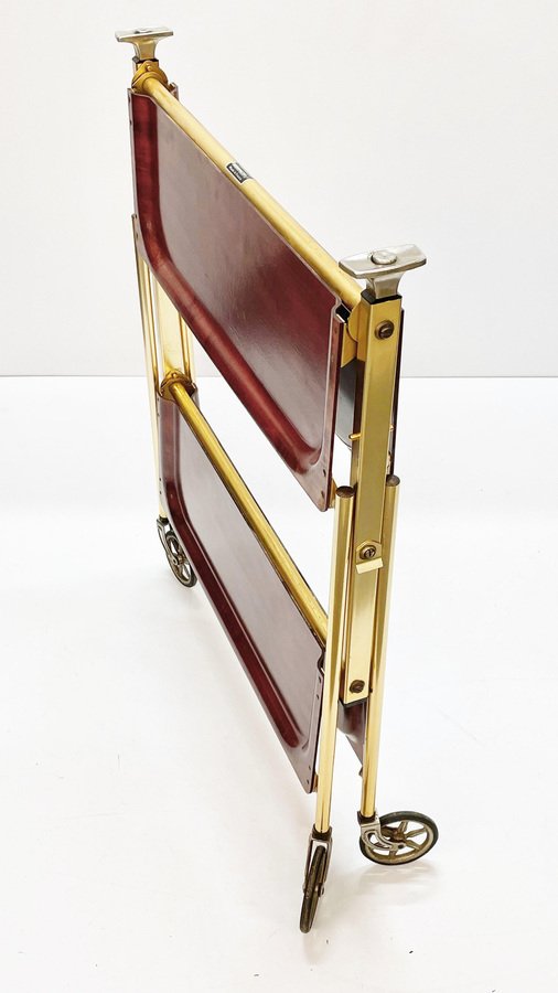 Mid-Century Wood and Golden Aluminium Foldable Bar Cart, 1950