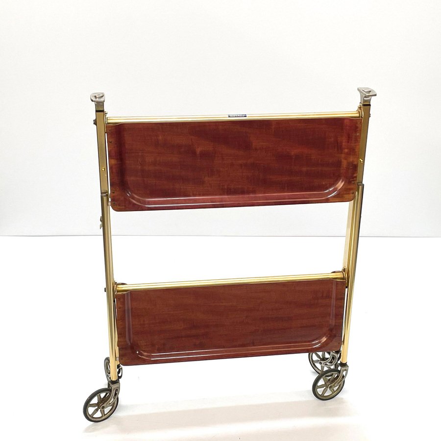 Mid-Century Wood and Golden Aluminium Foldable Bar Cart, 1950