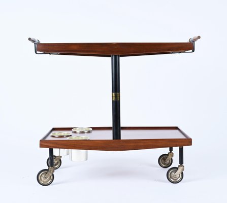 Mid-Century Wood, Brass and Enameled Metal Serving Bar Cart and Bottle Holder, 1960-JDR-1234451