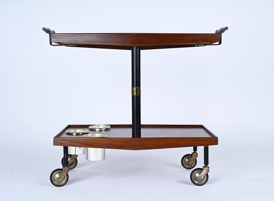 Mid-Century Wood, Brass and Enameled Metal Serving Bar Cart and Bottle Holder, 1960-JDR-1234451