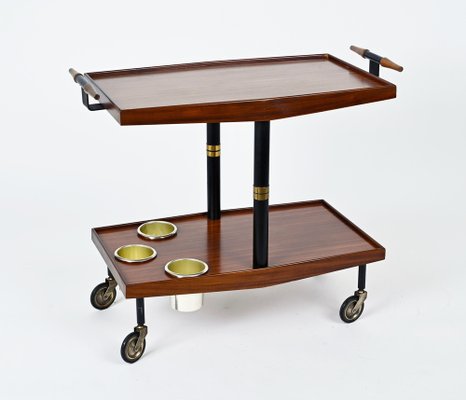 Mid-Century Wood, Brass and Enameled Metal Serving Bar Cart and Bottle Holder, 1960-JDR-1234451