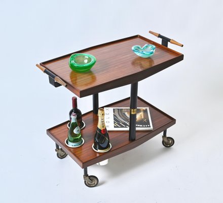 Mid-Century Wood, Brass and Enameled Metal Serving Bar Cart and Bottle Holder, 1960-JDR-1234451