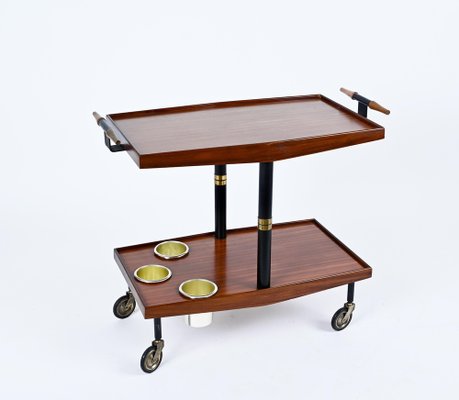 Mid-Century Wood, Brass and Enameled Metal Serving Bar Cart and Bottle Holder, 1960-JDR-1234451