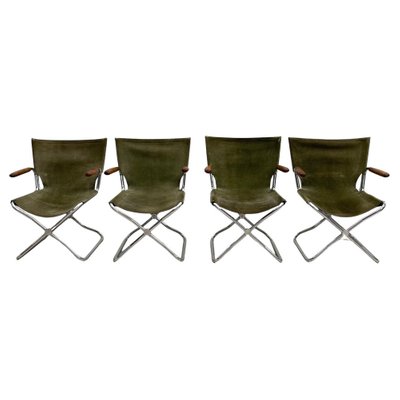 Mid-Century Wood Metal and Green Canvas Folding Armchairs, Set of 4-FGA-1315840