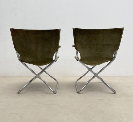 Mid-Century Wood Metal and Green Canvas Folding Armchairs, Set of 4-FGA-1315840