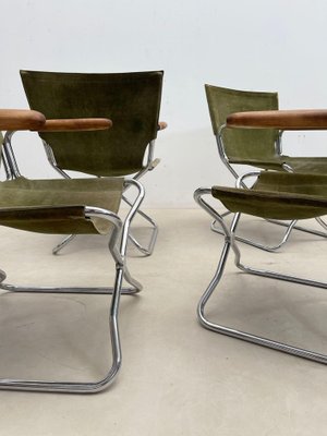 Mid-Century Wood Metal and Green Canvas Folding Armchairs, Set of 4-FGA-1315840