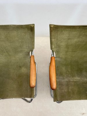 Mid-Century Wood Metal and Green Canvas Folding Armchairs, Set of 4-FGA-1315840