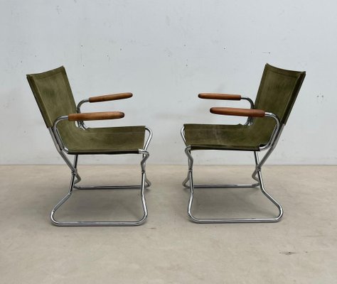 Mid-Century Wood Metal and Green Canvas Folding Armchairs, Set of 4-FGA-1315840