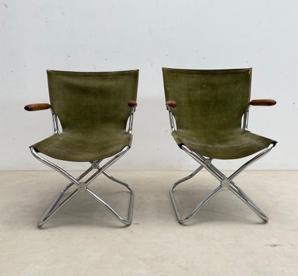 Mid-Century Wood Metal and Green Canvas Folding Armchairs, Set of 4-FGA-1315840