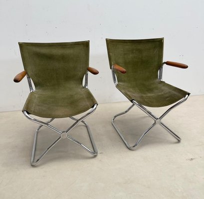 Mid-Century Wood Metal and Green Canvas Folding Armchairs, Set of 4-FGA-1315840