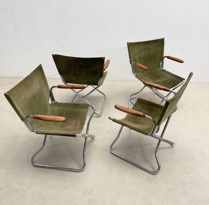 Mid-Century Wood Metal and Green Canvas Folding Armchairs, Set of 4-FGA-1315840