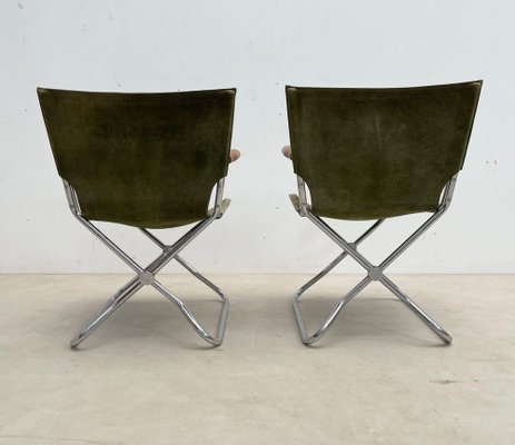 Mid-Century Wood Metal and Green Canvas Folding Armchairs, Set of 4-FGA-1315840