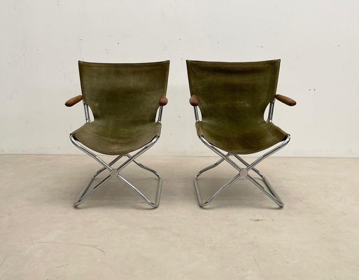 Mid-Century Wood Metal and Green Canvas Folding Armchairs, Set of 4-FGA-1315840