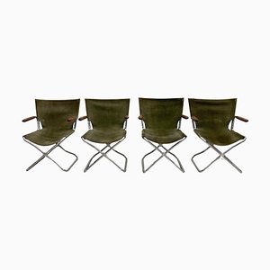 Mid-Century Wood Metal and Green Canvas Folding Armchairs, Set of 4-FGA-1315840