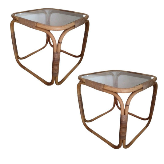 Mid-Century Wood & Rattan Side Tables by Miguel Milá Sagnier, Set of 2