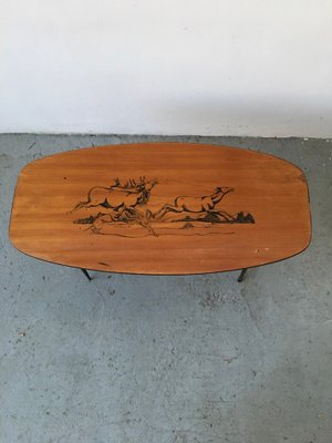 Mid-Century Wooden Coffee Table with Decorated Deer Run Pattern on Top & Black Painted Iron Legs, 1950s-GGK-702608