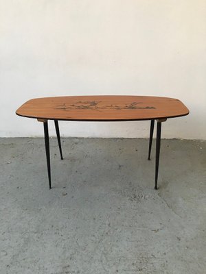 Mid-Century Wooden Coffee Table with Decorated Deer Run Pattern on Top & Black Painted Iron Legs, 1950s-GGK-702608