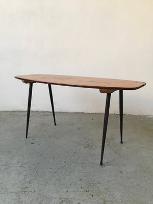 Mid-Century Wooden Coffee Table with Decorated Deer Run Pattern on Top & Black Painted Iron Legs, 1950s-GGK-702608