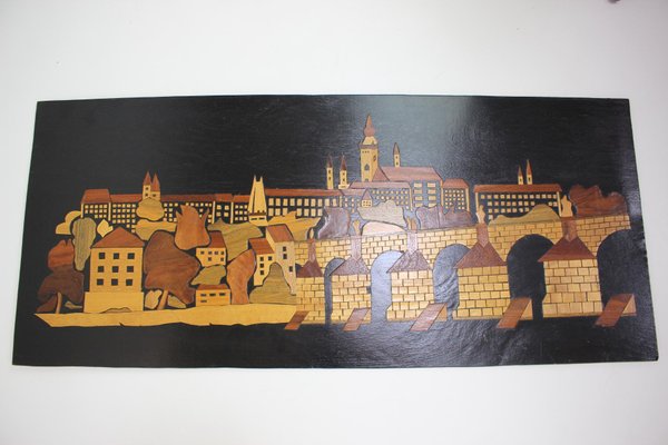 Mid-Century Wooden Illustration of Prague, 1950s-TZ-961277