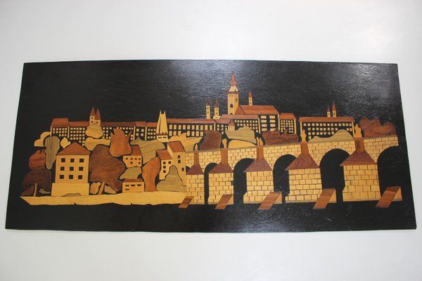 Mid-Century Wooden Illustration of Prague, 1950s-TZ-961277