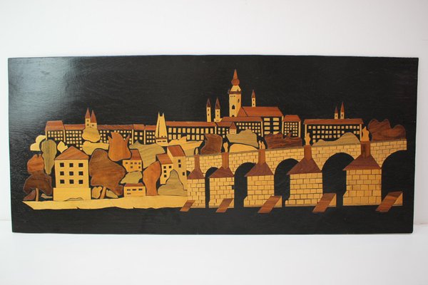 Mid-Century Wooden Illustration of Prague, 1950s-TZ-961277