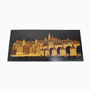 Mid-Century Wooden Illustration of Prague, 1950s-TZ-961277