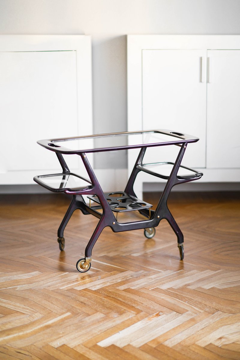 Mid-Century Wooden Structure Brass Service Bar Trolley with Three Removable Trays by Cesare Lacca, 1950s