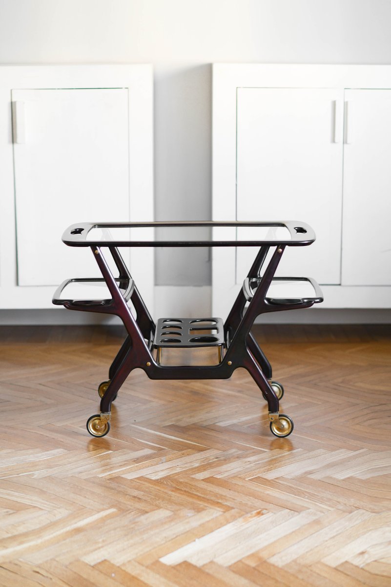 Mid-Century Wooden Structure Brass Service Bar Trolley with Three Removable Trays by Cesare Lacca, 1950s