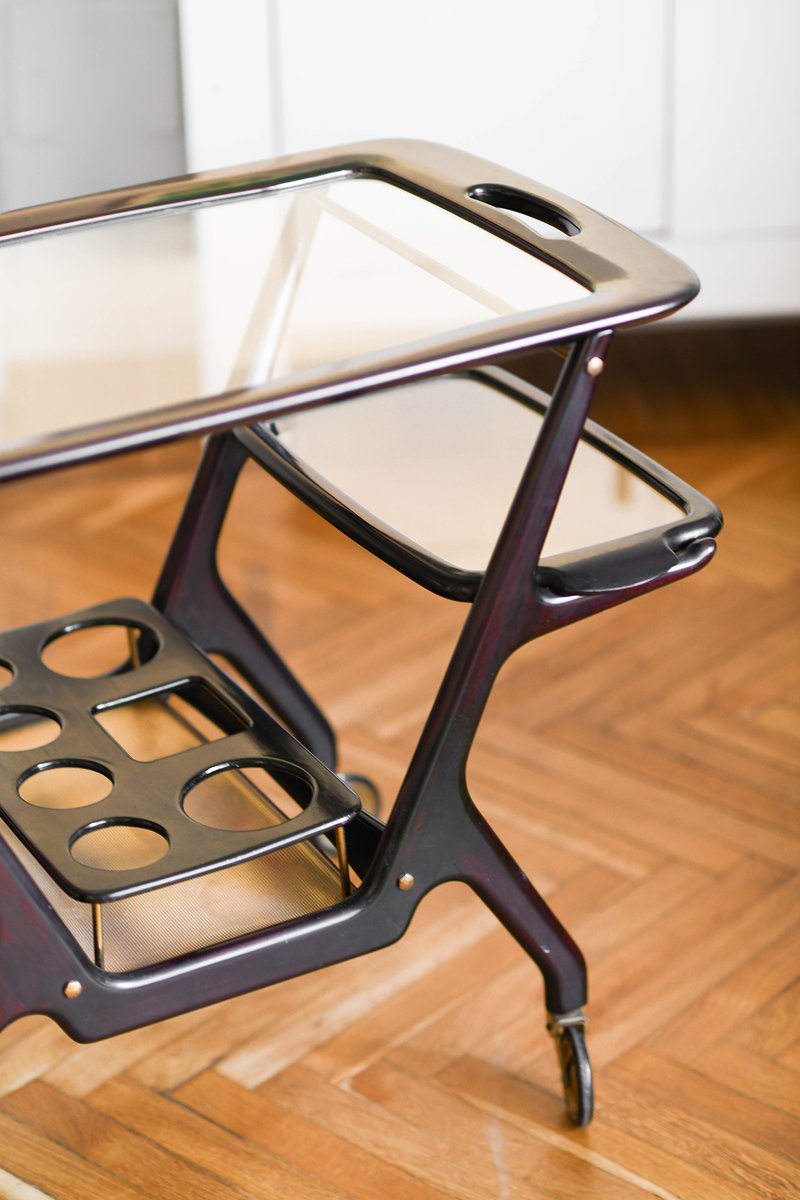 Mid-Century Wooden Structure Brass Service Bar Trolley with Three Removable Trays by Cesare Lacca, 1950s