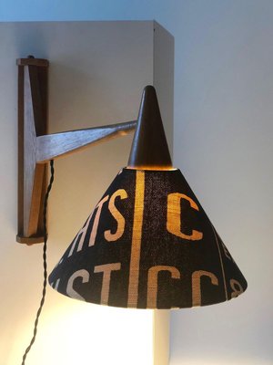 Mid-Century Wooden Wall-Mounted & Rotatable Lamp with Shade in Andrew Martin Linen, 1950s-BAF-763375