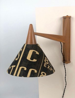 Mid-Century Wooden Wall-Mounted & Rotatable Lamp with Shade in Andrew Martin Linen, 1950s-BAF-763375