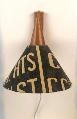 Mid-Century Wooden Wall-Mounted & Rotatable Lamp with Shade in Andrew Martin Linen, 1950s-BAF-763375