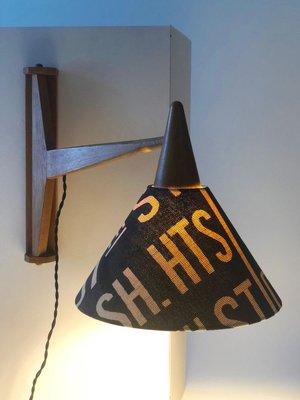 Mid-Century Wooden Wall-Mounted & Rotatable Lamp with Shade in Andrew Martin Linen, 1950s-BAF-763375