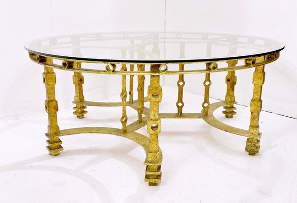 Mid-Century Wrought Gilded Iron and Glass Coffee Table, France, 1940s-FGA-1323558