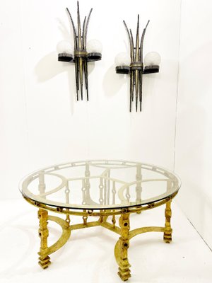 Mid-Century Wrought Gilded Iron and Glass Coffee Table, France, 1940s-FGA-1323558