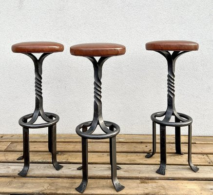 Mid-Century Wrought Iron Bar Stools with Leather Seats, 1970s, Set of 3-WZZ-1762950