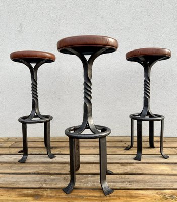 Mid-Century Wrought Iron Bar Stools with Leather Seats, 1970s, Set of 3-WZZ-1762950