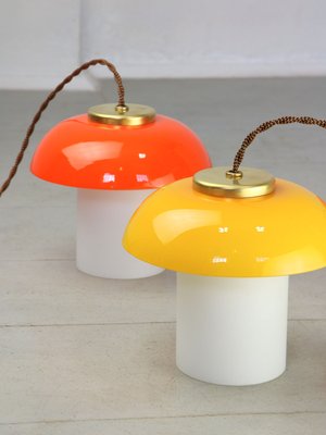 Mid-Century Yellow Glass and Brass Mushroom Pendant Lamp-HGJ-1440880