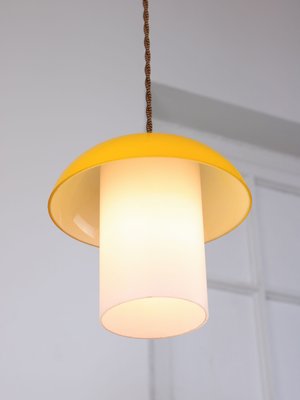 Mid-Century Yellow Glass and Brass Mushroom Pendant Lamp-HGJ-1440880