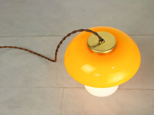 Mid-Century Yellow Glass and Brass Mushroom Table Lamp-HGJ-1440913