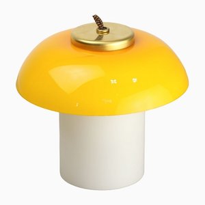 Mid-Century Yellow Glass and Brass Mushroom Table Lamp-HGJ-1440913