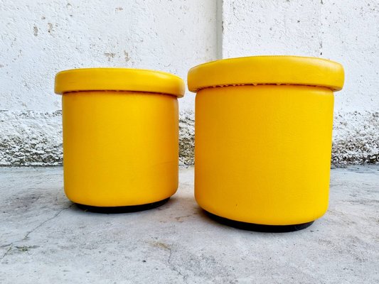 Mid-Century Yellow Leather Poufs, Italy, 1980s, Set of 2-PUG-988377