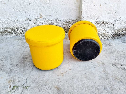 Mid-Century Yellow Leather Poufs, Italy, 1980s, Set of 2-PUG-988377